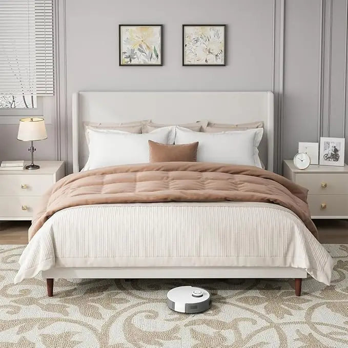 King Size Platform Bed Frame,Upholstered Bed Frame with Wing Side Headboard