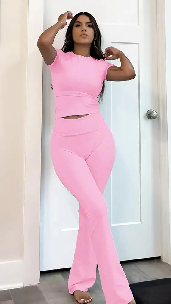 Women's Two-Piece Sports Leisure Yoga Set, Short-Sleeved/ Cuffed Flared Trousers, Sports Set