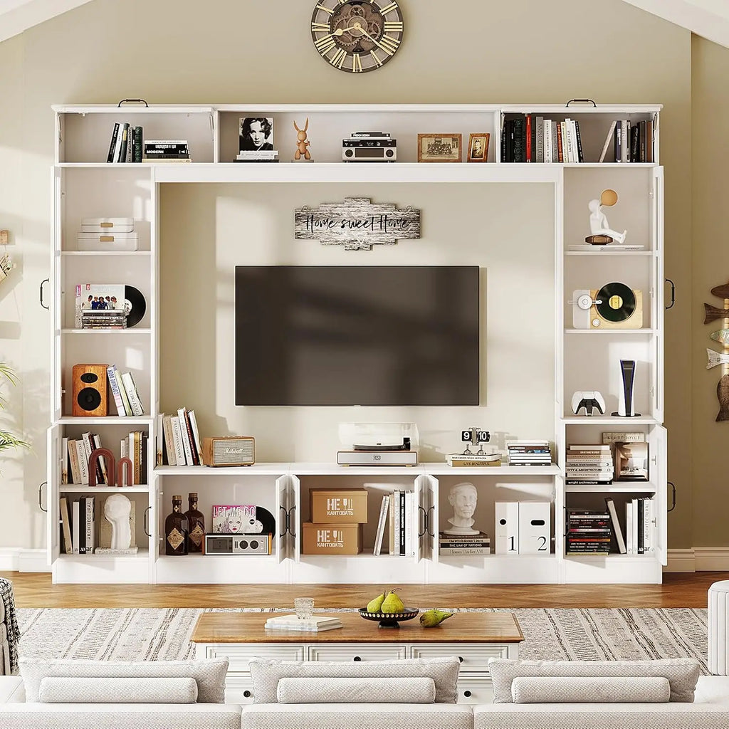 98" W Wall Unit TV Stand with Storage for TVs up to 80",Modern TV Console with LED Lights, Entertainment Center with Bookshelves