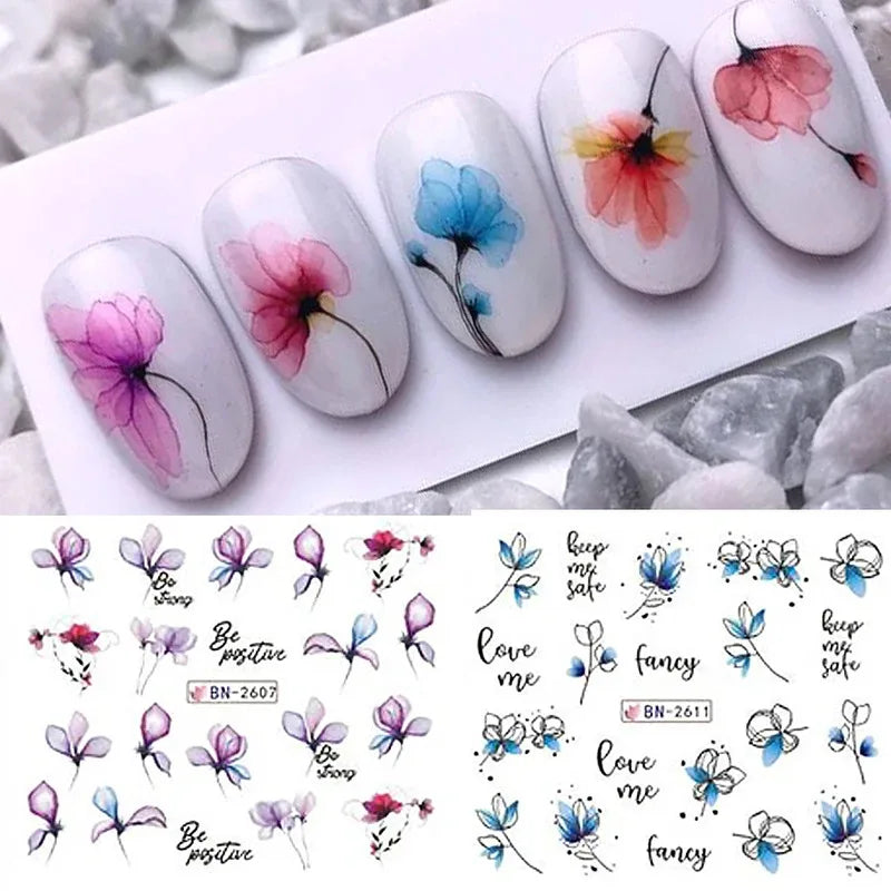 12 Pcs Summer Ink Blooming Flowers Nail Art Stickers, Water Decal Leaves /Graffiti Slider Nail Decoration