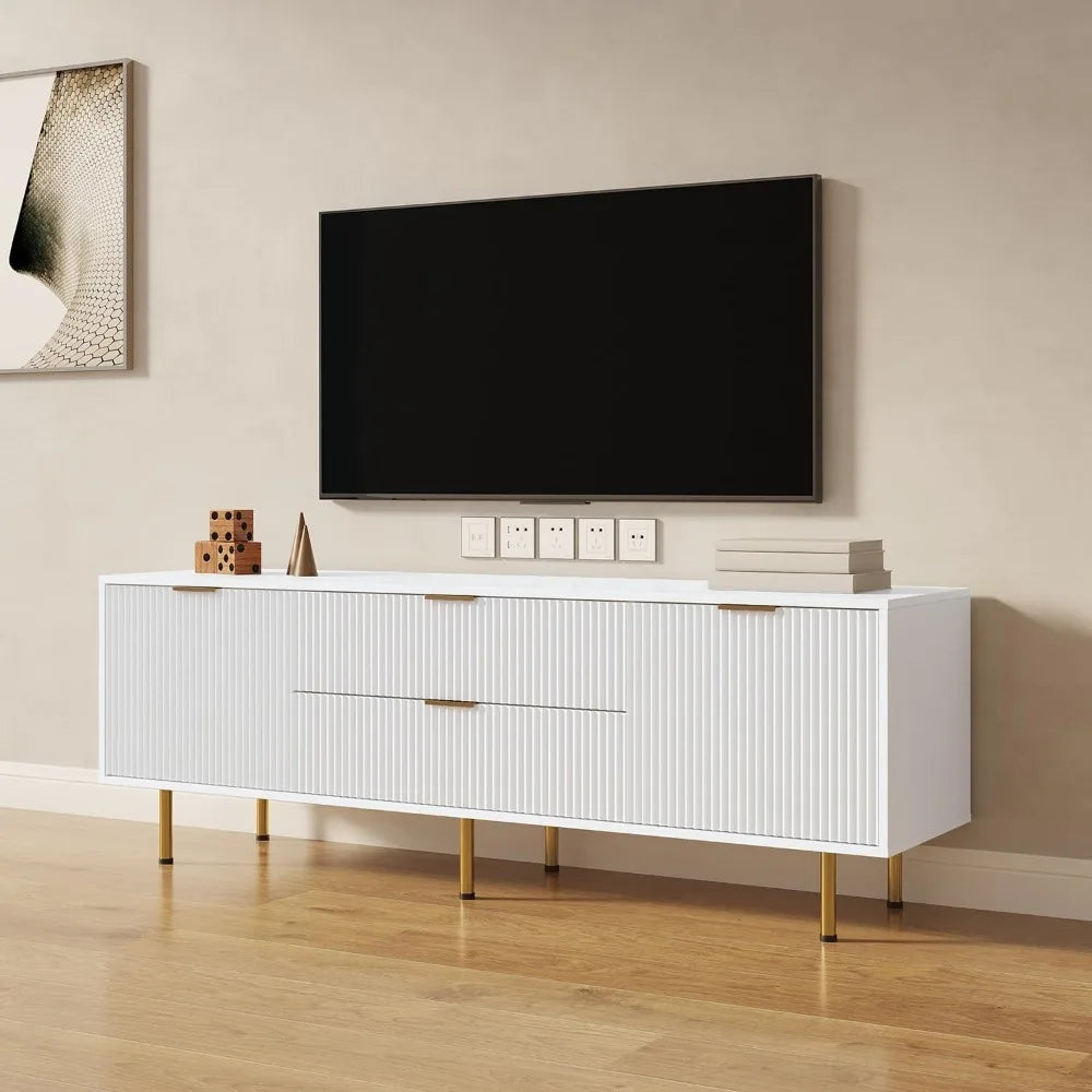 TV Stand for 70+ Inch TV, Modern Media Console, White TV Stand for Bedroom, Entertainment Center with Drawers, Soft-Close Doors