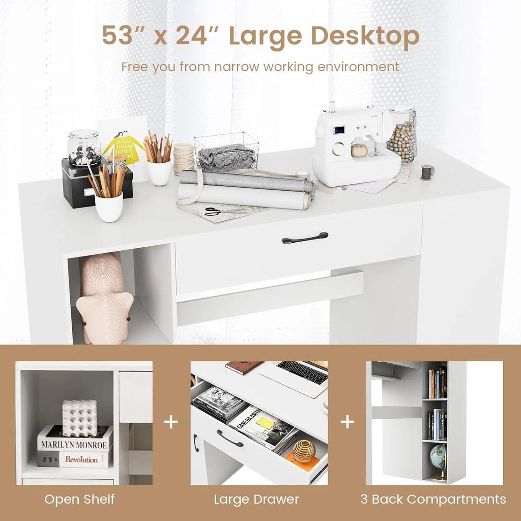 36” Counter Height Sewing Table, 53 Inch Artwork Craft Table with 14 Open Compartments, 3-Position Adjustable Shelf