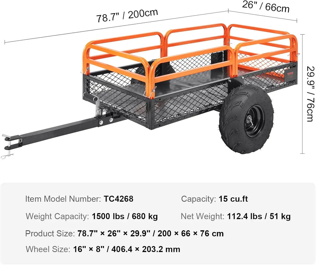 Heavy-Duty 1500lbs Capacity Yard Garden Trailer with 15 Cubic Feet Dump Cart for Lawn and Garden Use
