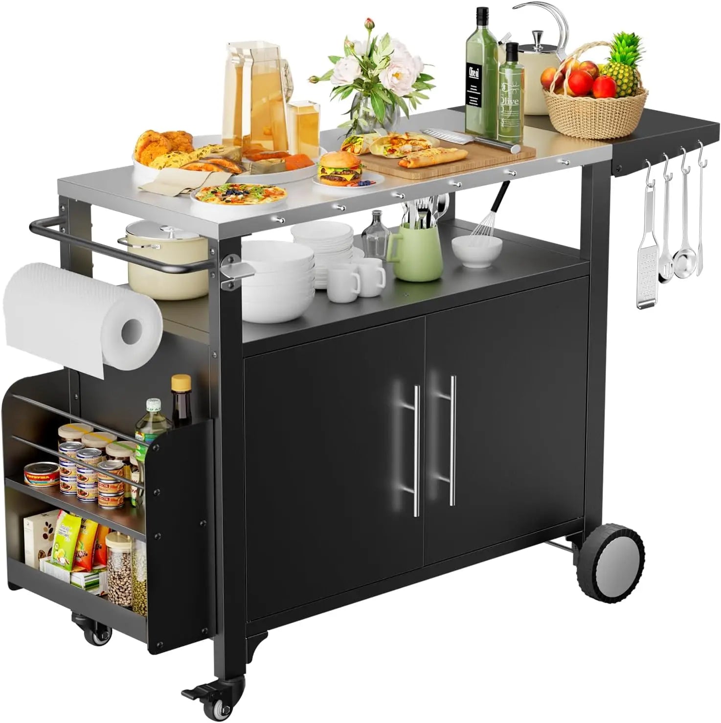 Outdoor Grill Cart with Storage ,Patio Kitchen Island with Wheels, Hooks, and Spice Rack, Waterproof Outdoor Grill Table