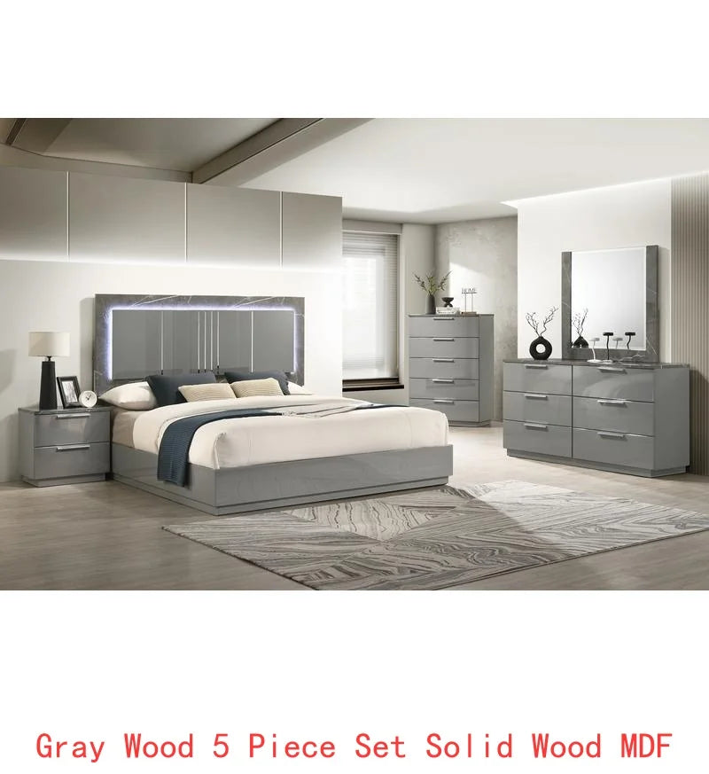 5-Piece Two-Tone High-Gloss Marble and Lacquer Finish Nightstand Set with LED Lighting, Spacious Velvet-Lined Storage, White