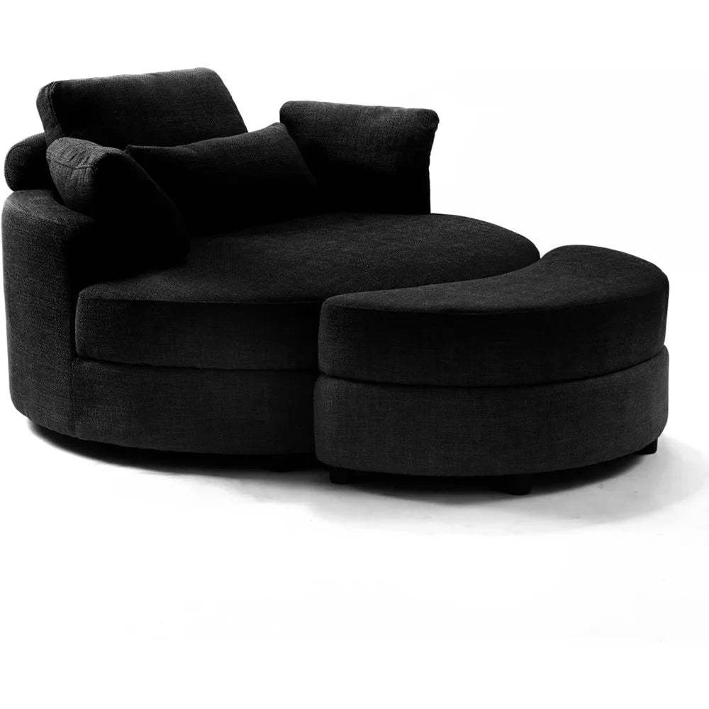 Linen Fabric Upholstered Oversized Round Armchair with Storage Ottoman, Headrest, and 4 Pillows