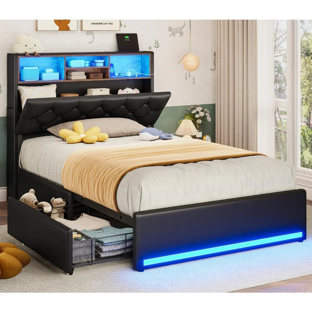 Twin Bed Frames with Headboard & 4 Drawers, LED Bed Frame Twin with Charging Station, Upholstered and Metal Twin Bed with Storage