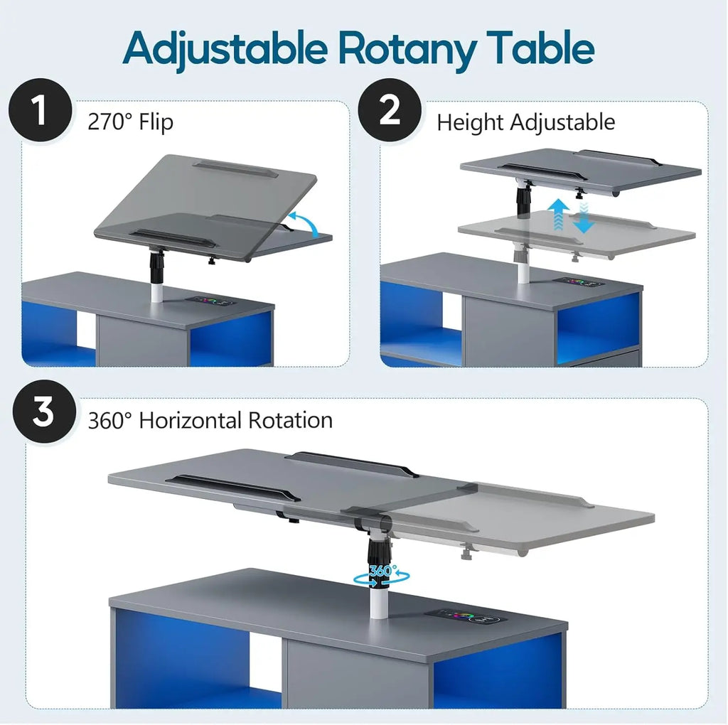 Nightstand with Charging Station, Bedside Table with LED Lights, Smart Side End Tabel Has Adjustable Rotary Table