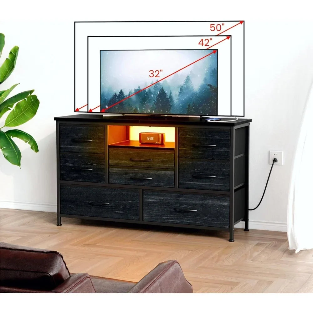 Customizable 8-Drawer LED Dresser/TV Stand With Power Outlet For 55'' TV - Wide Storage Chest For Bedroom, Living Room, Entryway