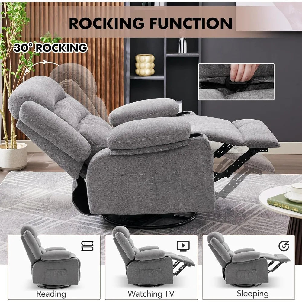 Rocker Recliner Chair with Heat and Massage, 360° Swivel Recliner Chairs for Adults, Oversized Recliner Single Sofa Seat with Cushion