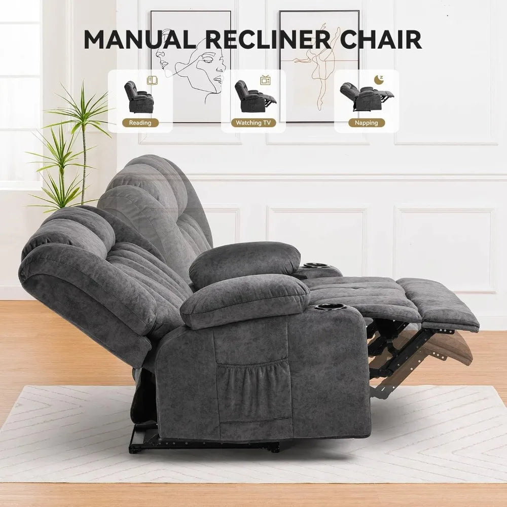 Manual Recliner Couch, Fabric Reclining Sofa Chair with Cup Holders, Upholstered Recliner Chair Set with Side Pockets Storage