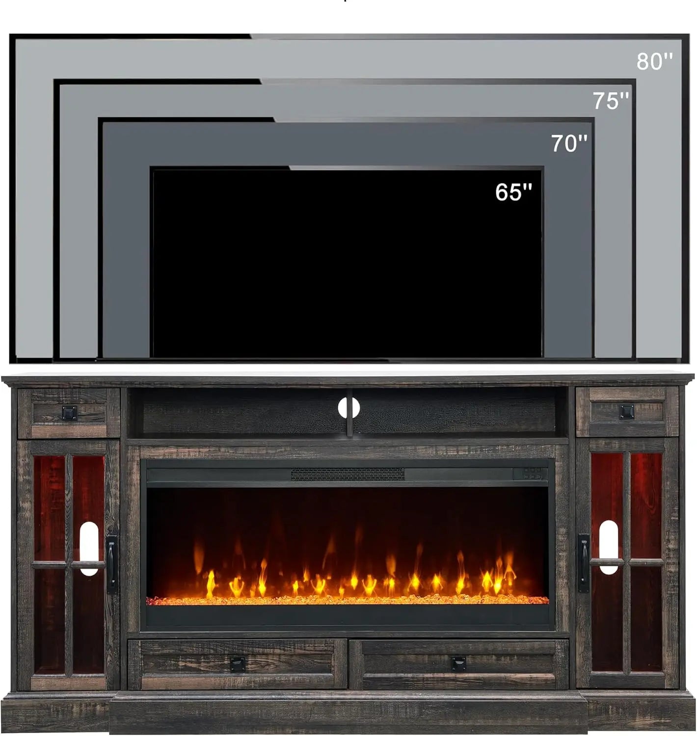 Fireplace TV Stand for 80 Inch TV, Farmhouse Entertainment Center with 42" Fireplace & LED Lights, Modern Media Console Table
