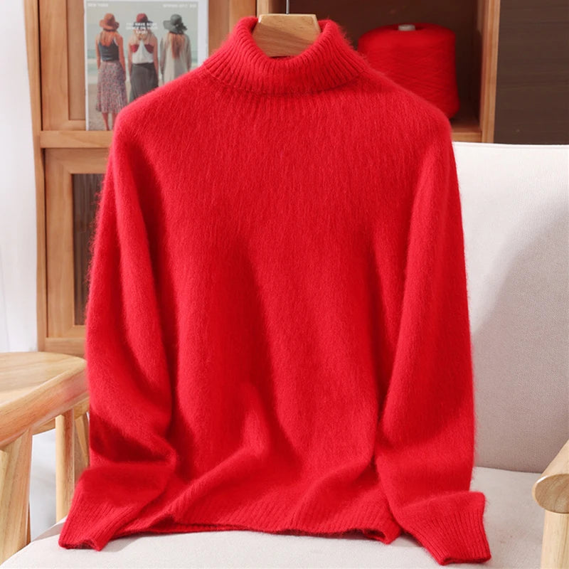 Autumn And Winter 100% Mink Cashmere Sweater, Ladies' High Lapel Solid Color Padded Pullover Wool Knitted Bottoming Shirt
