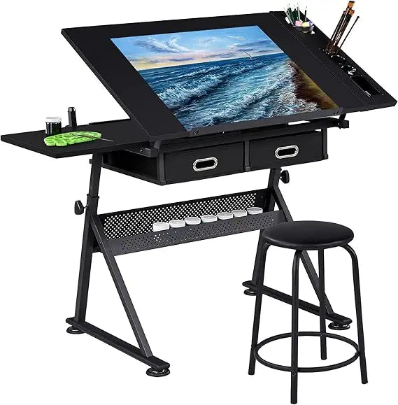 Height Adjustable Art and Craft Table with Tilting Tabletop, Stool, and Storage for Drafting and Workstation Use