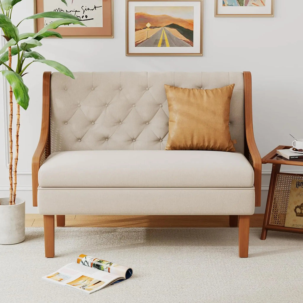 Loveseat Settee Bench with Natural Rattan Arms ,Upholstered Modern Mini Sofa Couch ,Banquette Dining Bench/Love Seat
