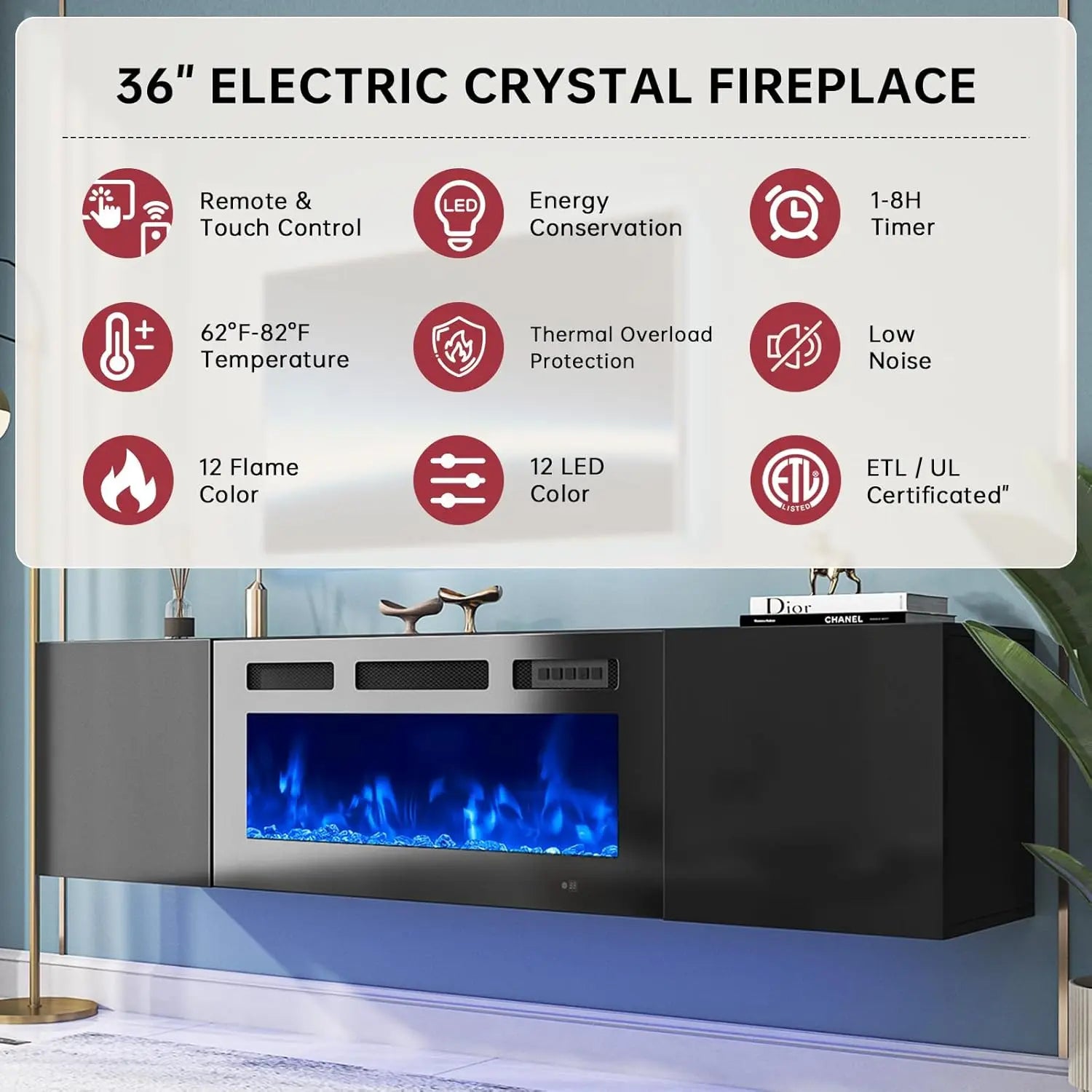 70" Floating TV Stand with 36" Electric Fireplace, Wall Mounted Fireplace Entertainment Center with Storage