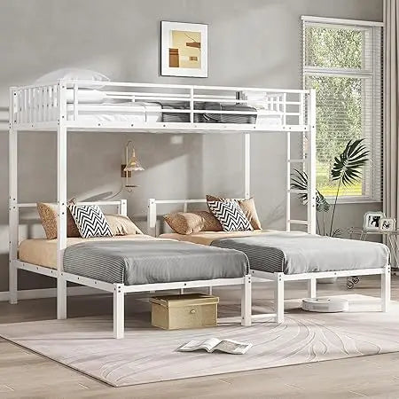 Sturdy Triple Bunk Bed for Three Children with Twin Mattresses, Safety Rails, and Access Ladder