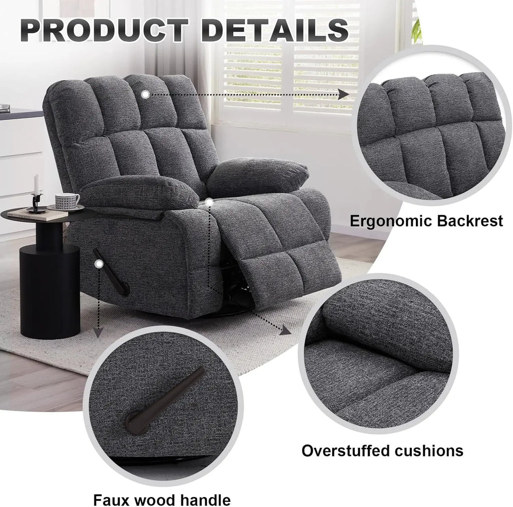 Oversized Rocker Chair, Lazy Boy Recliner Chair for Big Man, Extra Wide Manual Swivel Recliner, Overstuffed Soft Rocking Sofa