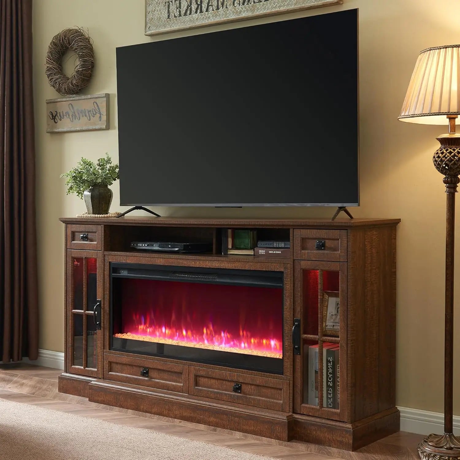 Fireplace TV Stand for 80 Inch TV, Farmhouse Entertainment Center with 42" Fireplace & LED Lights, Modern Media Console Table