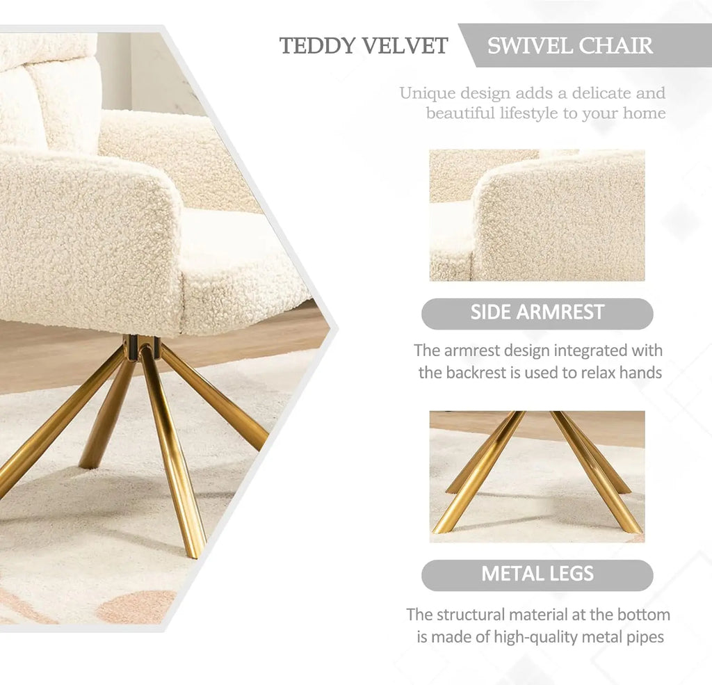 Desk Chair No Wheels 180°Swivel, Makeup Vanity Chair with Gold Legs, Ergonomic Criss Cross Chairs for Any Room