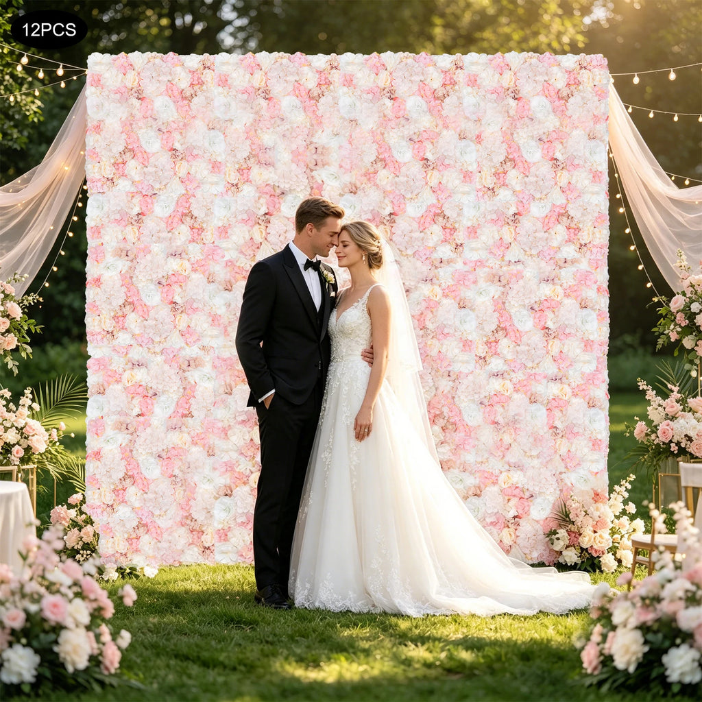 12PCS Silk Flower Walls 23.6x15.74in Artificial Floral Backdrop Realistic Rose Decoration Panel with Grid for Wedding Party Birthday