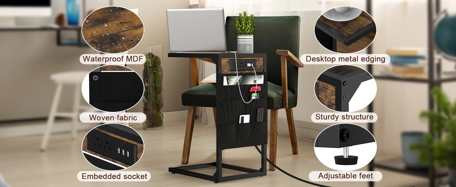 Brown C-Shaped End Table w/Charging+Storage, 2PC Metal Frame Set for Living/Bedroom, Space-Saving Multi-Use