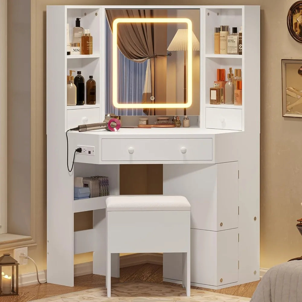 Corner Vanity Desk with Charging Station and Storage, Complete Makeup Vanity with Lighted Mirror and Stool