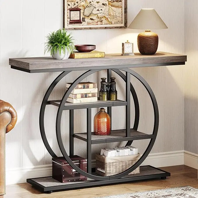 41.3" Console Table, Industrial Style Four Tier Sofa Table Entry Table with Round Base with Storage Shelf