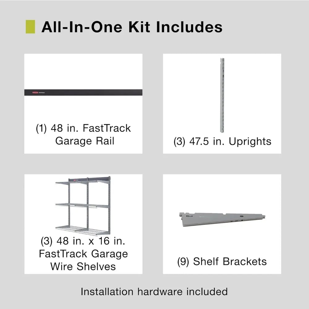 Rubbermaid FastTrack Wall Storage System: 48x16 3-Tier Kit, Supports 350 LBS per Shelf, Ideal for Home, Garage, Shed, or Workshop