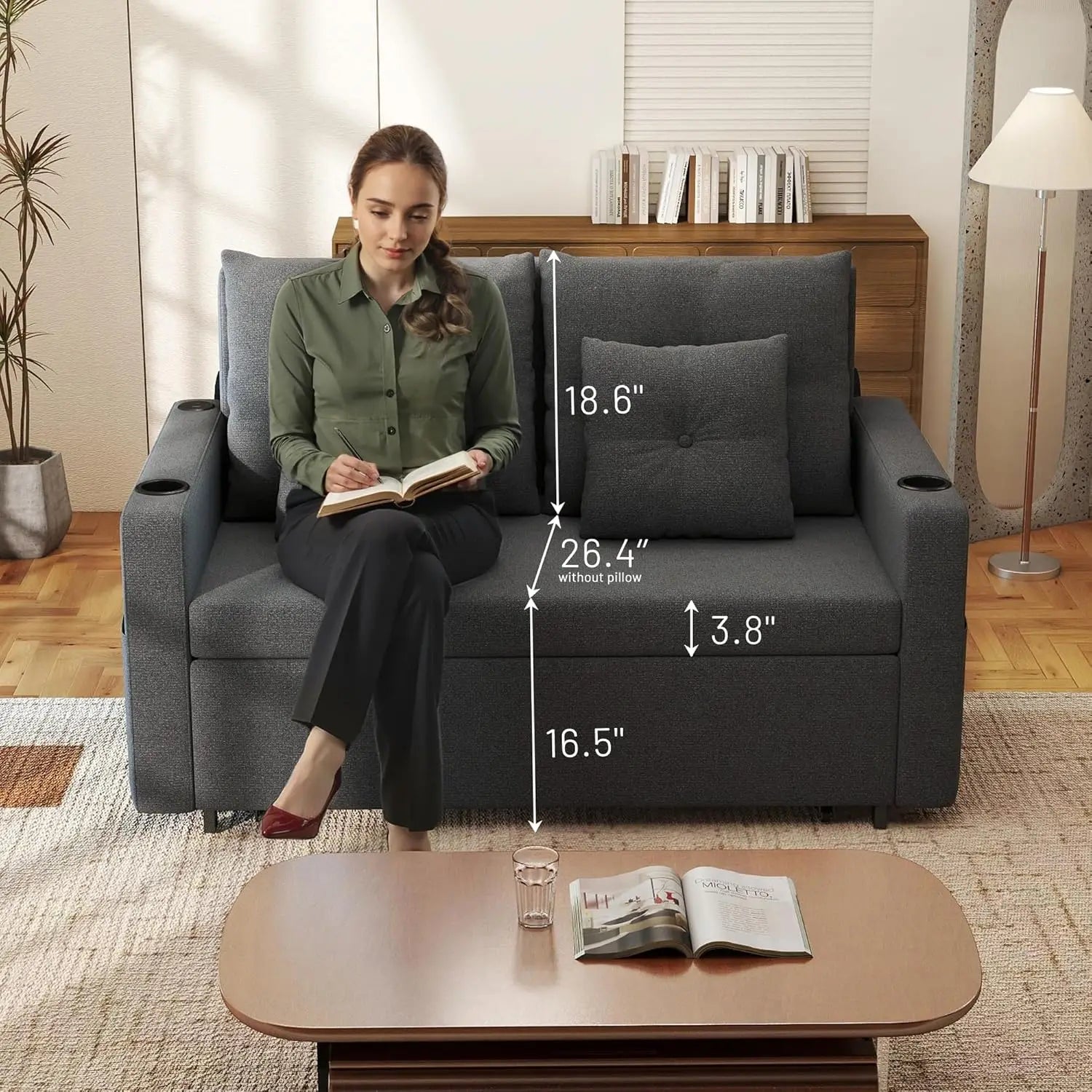 3 in 1 Sofa Bed, 56" Convertible Pull Out Couch, Loveseat Sleeper Sofa with Cup Holders, USB, Sofa Couches