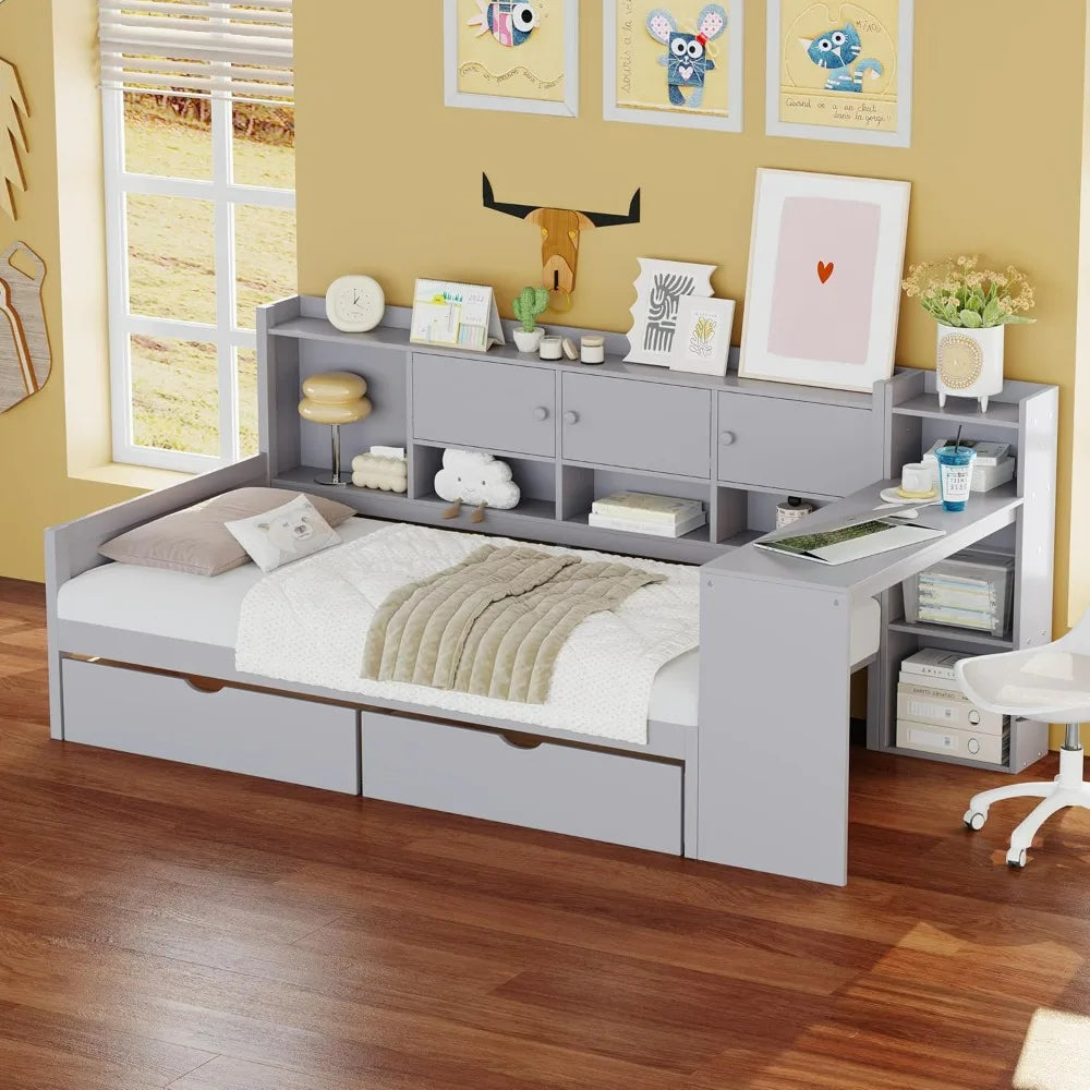 L-Shaped Wooden Daybed with Storage, Desk, and Bookshelf for Twin-Size Multi-Functional Use