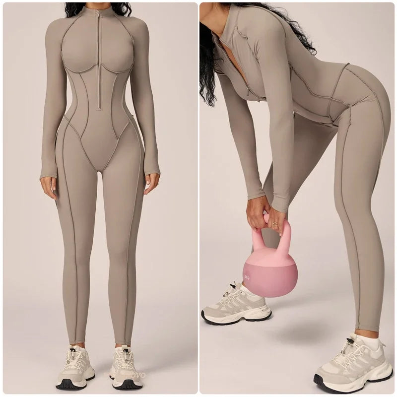 Women's Running Onesie Athletic Romper/ Pants, Long Sleeve, Zip Up Hiking Outfits, One Piece Workout Jumpsuit