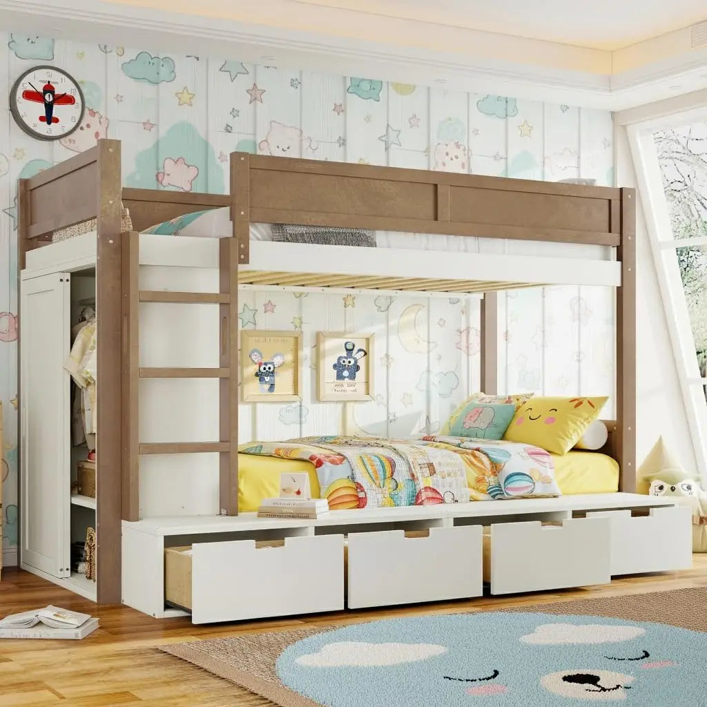 Twin Over Twin Bunk Bed with 4 Drawers for Kids, Wood Twin Bunk Beds with Wardrobe and Full-Length Guardrails, Beige+Natural