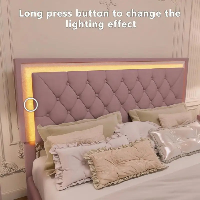 3-Piece Bedroom Set, Queen Size Upholstered Bed with LED Lighting & 2 Nightstands, Pink Upholstered Platform Bed