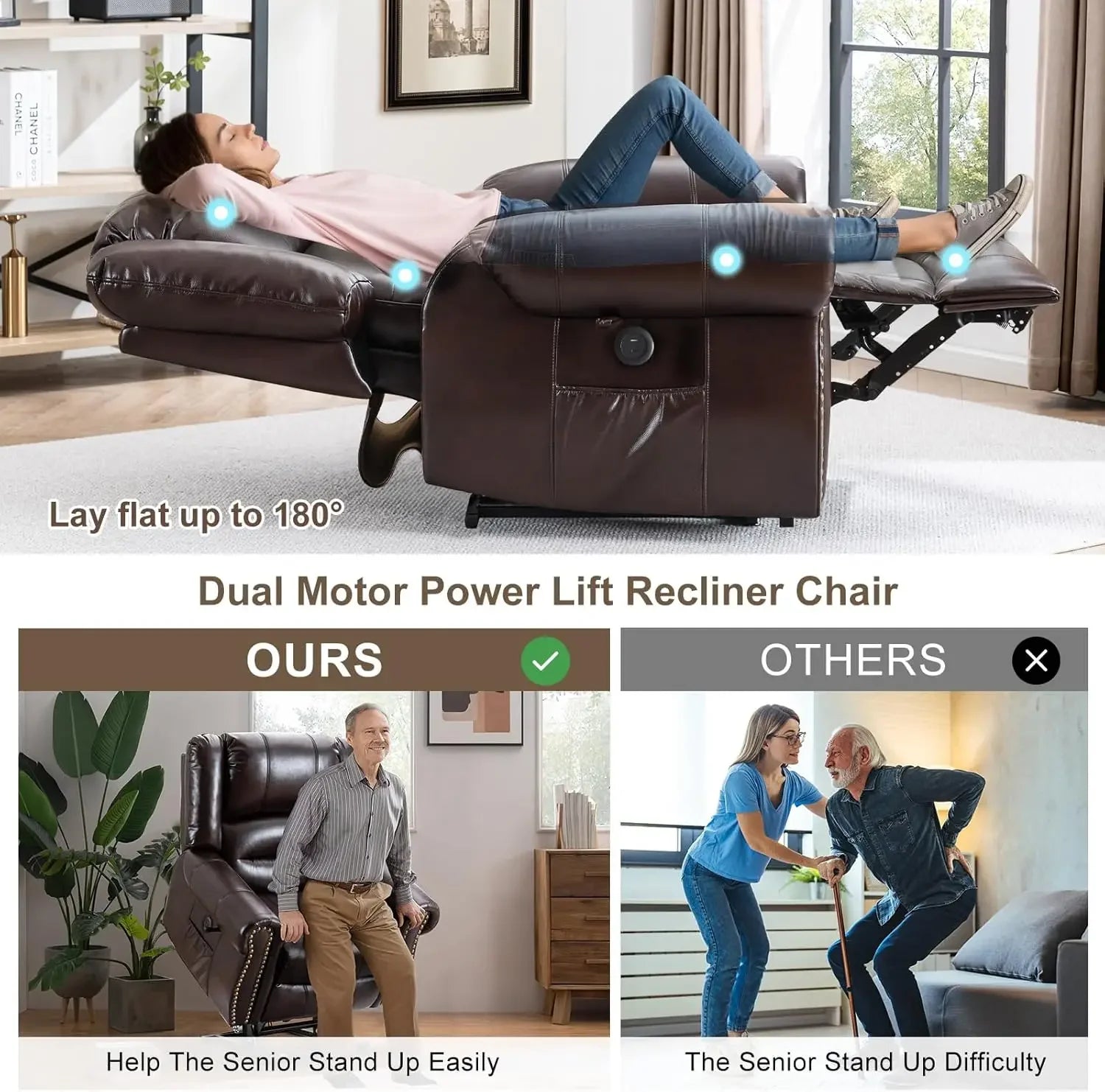 Dual Motor Lay Flat Lift Chairs Recliners for Elderly with Massage and Heat, Breathable Leather
