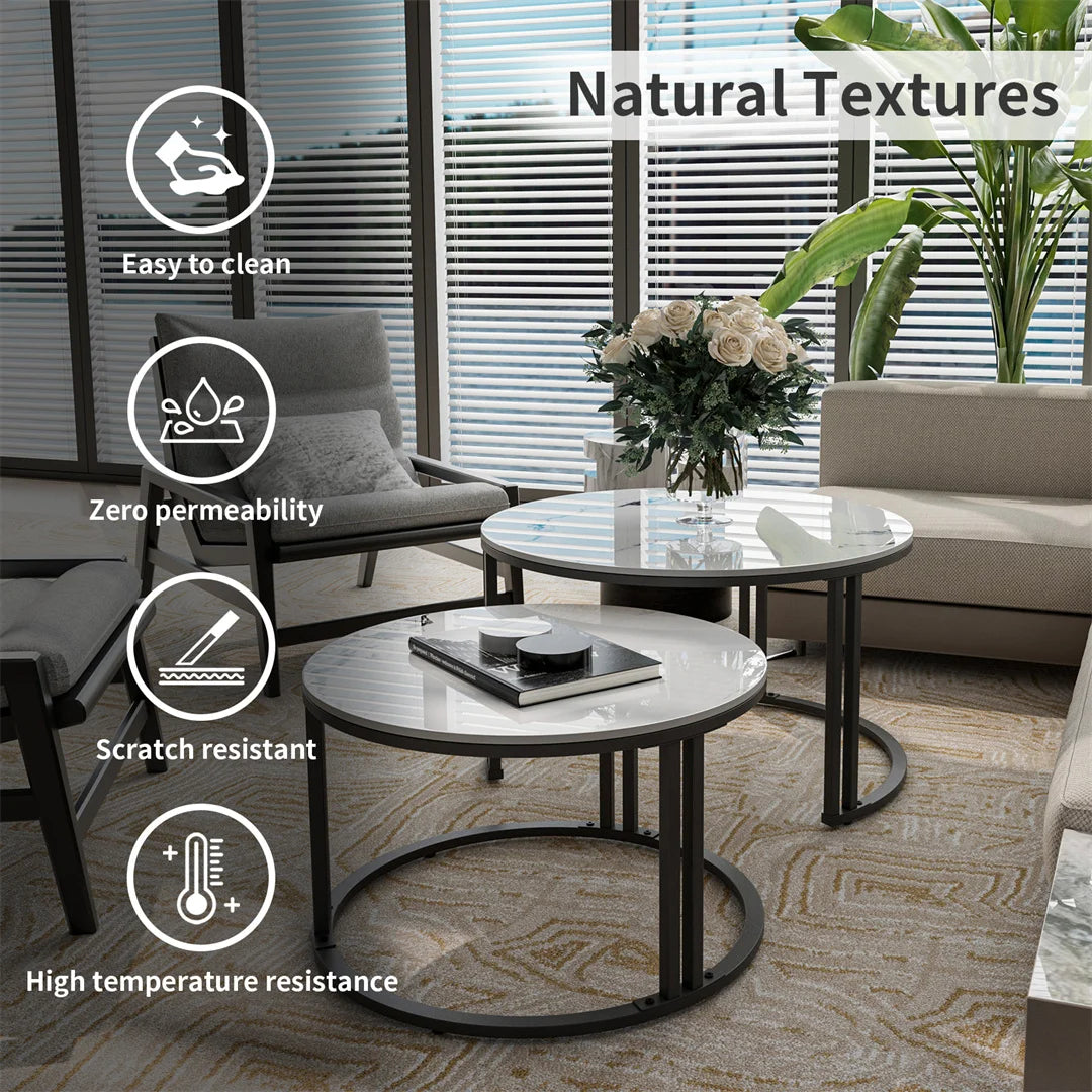 Set of 2 Round Living Room Nesting Table Anti-Rust Outdoor Stacking Center Coffee Table, Small Space Friendly