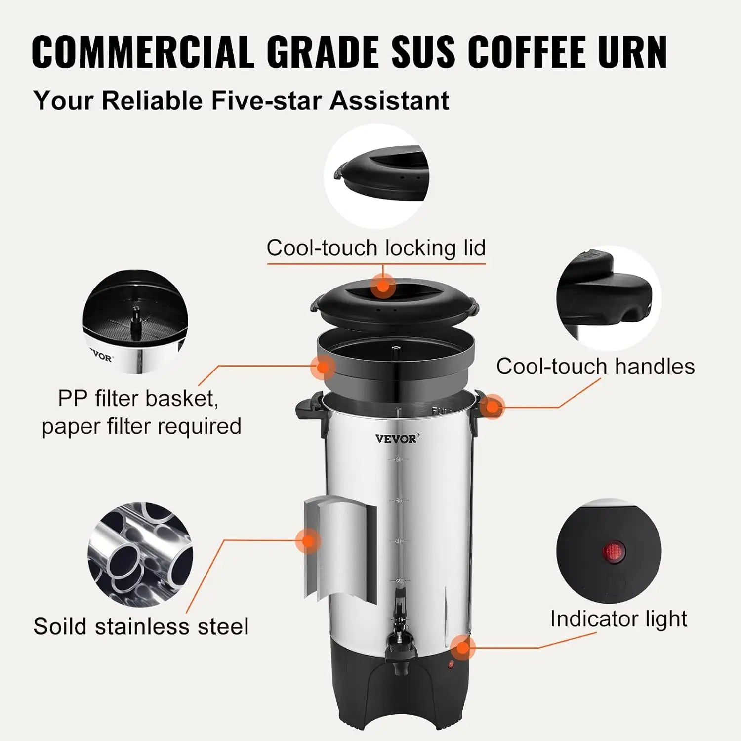50 Cup Commercial Coffee Urn 7.5L Stainless Steel Electric Dispenser 1000W Fast Brewing