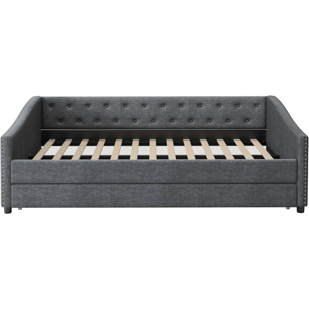Full-Size Tufted Daybed with Waved Arm Piping and Trundle for Bedroom and Guest Spaces