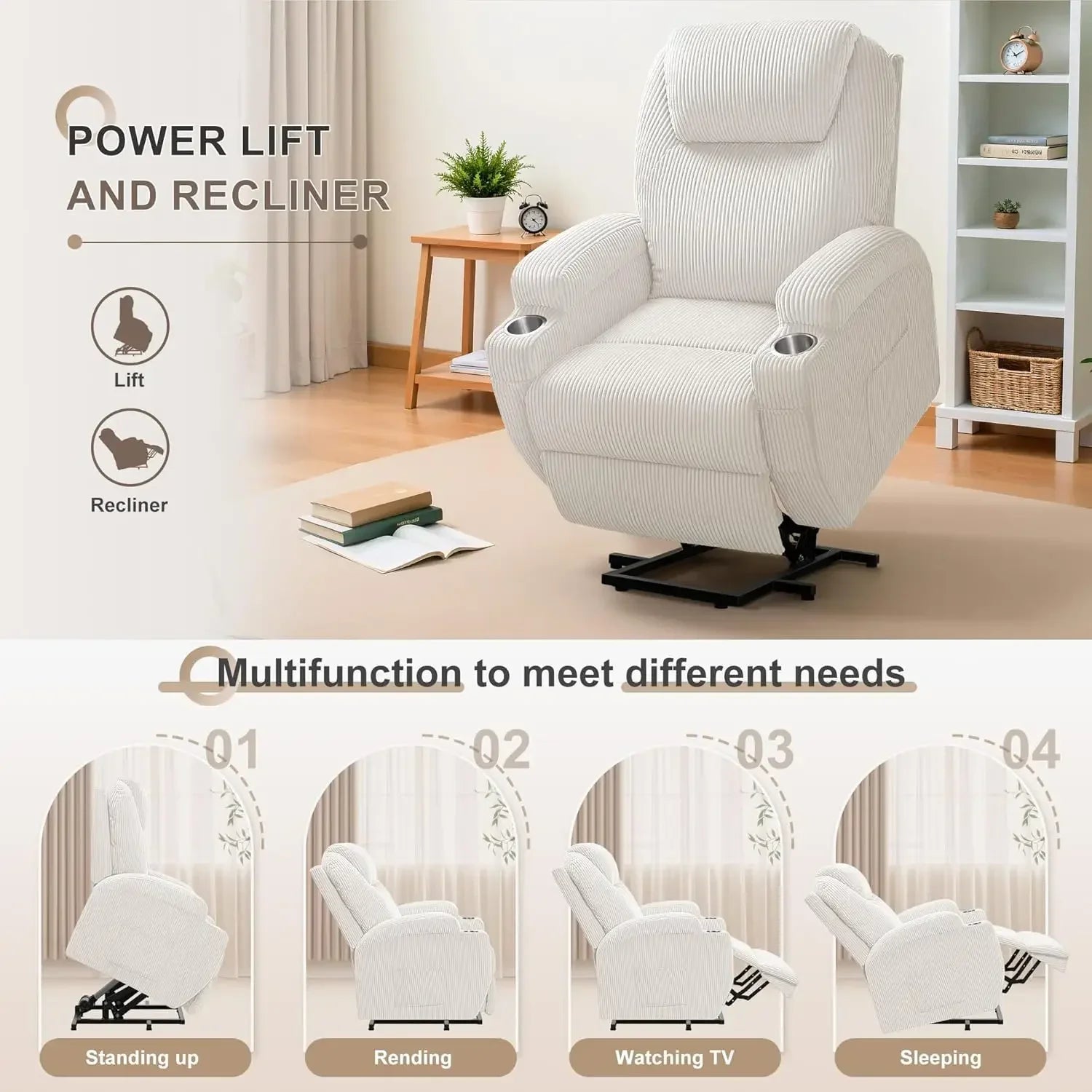 Lift Recliner Chair with Massage for Elderly Ergonomic Lounge Chair with 2 Cup Holders Side