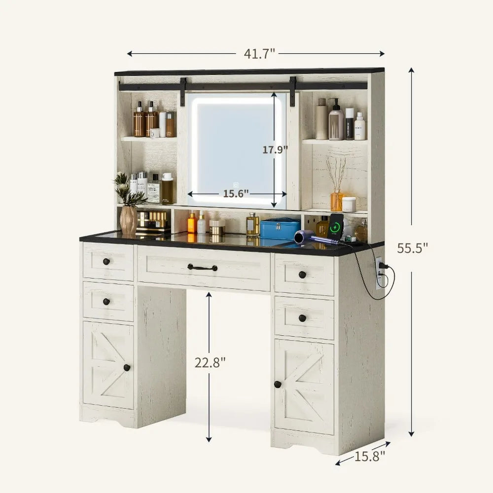 Rustic Farmhouse Style Vanity Desk with Glass Top, Sliding Lighted Mirror, and Built-in Power Outlet