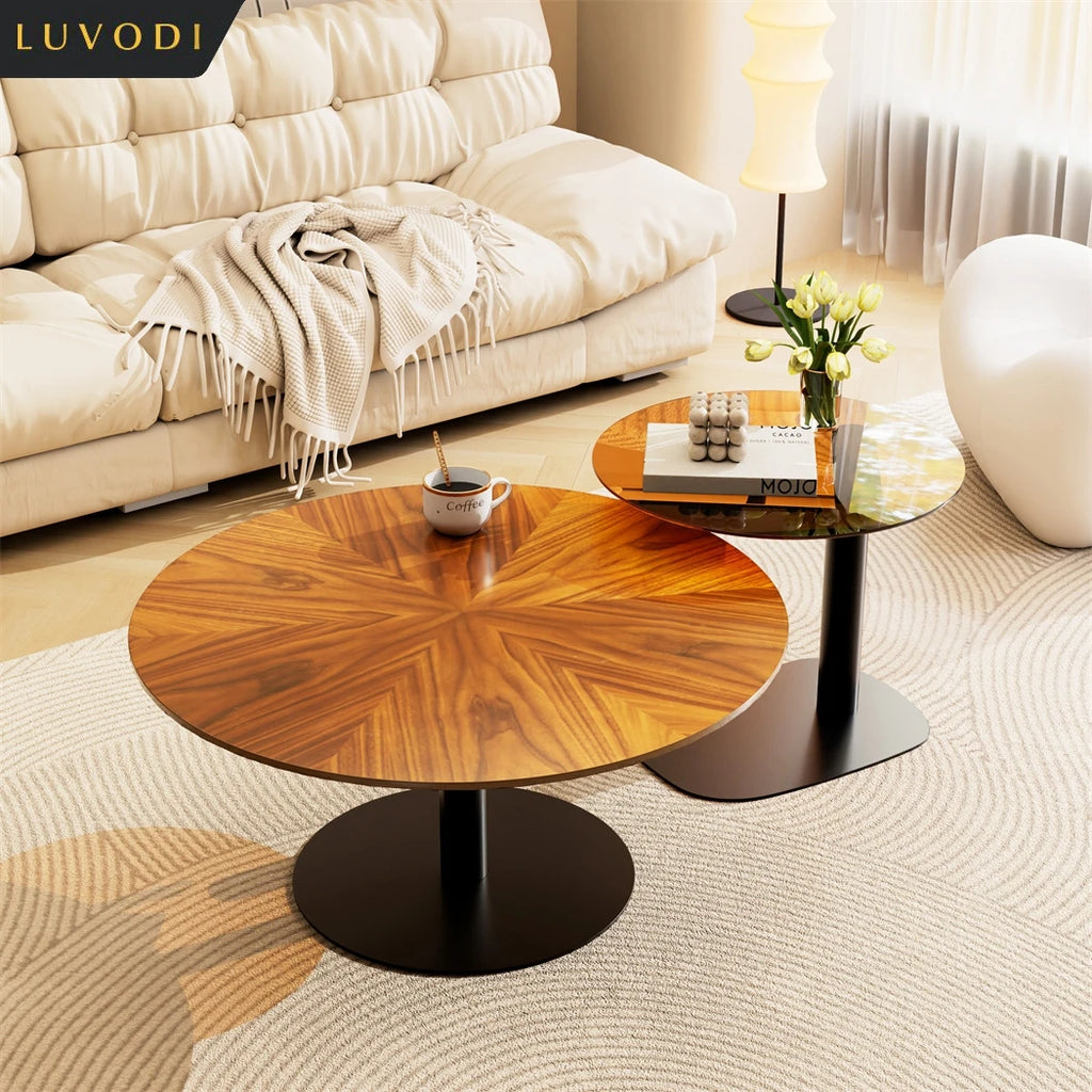 LUVODI Modern Round Marble Coffee Table Set of 2 Living Room Center Table Sofa Side Desk with Black Glass End Table w Metal Legs