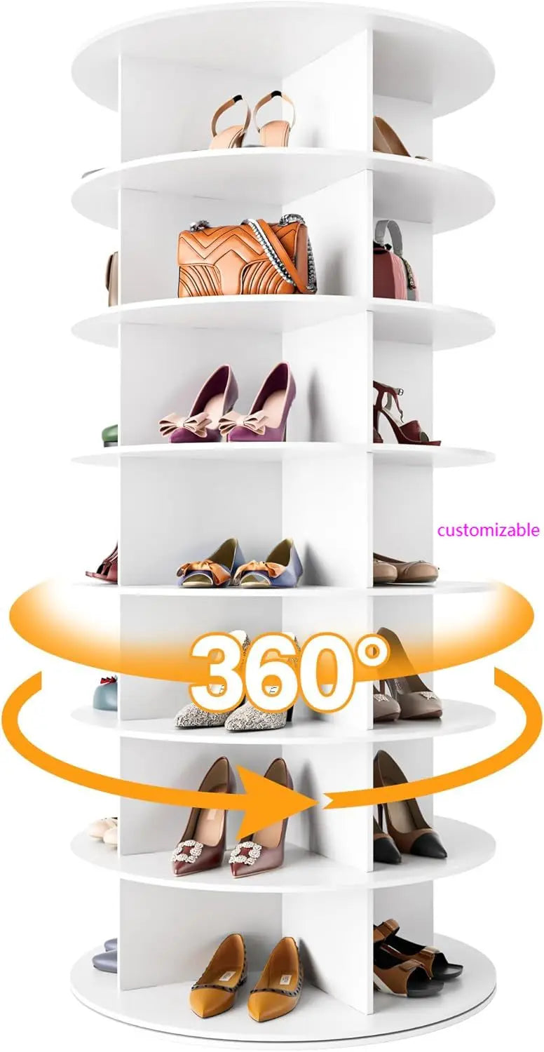 Rotating Shoe Rack Tower 7 Tier Organizer, Vertical Spinning Shoe Display/ Lazy Susan, Revolving 360 White Shoe Rack Storage