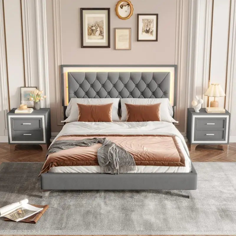 Queen Size Upholstered Platform Bed with LED Lights and 2 Nightstands in Gray - 3-Piece Bedroom Set