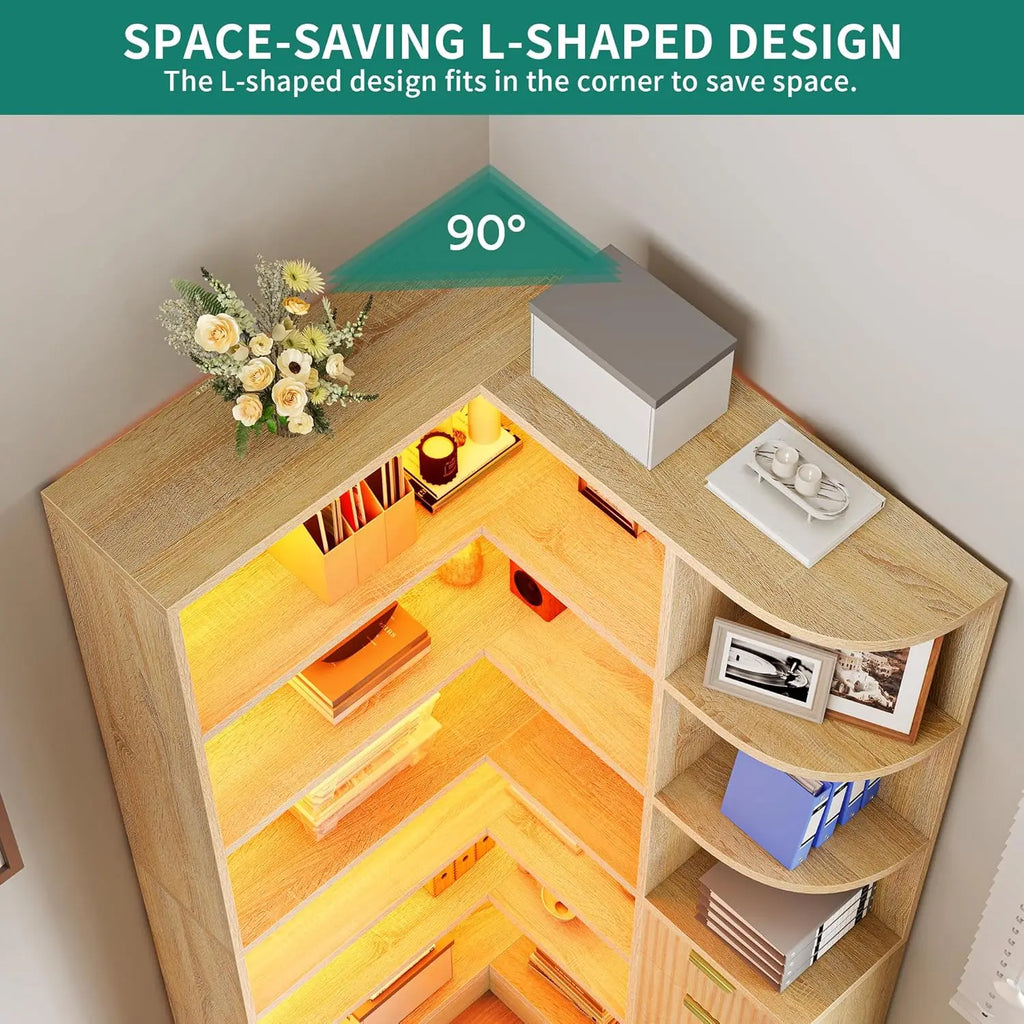 Farmhouse Style 6-Tier Corner Bookshelf with Storage Drawers and Cabinets, L-Shaped LED Lighted Bookcase