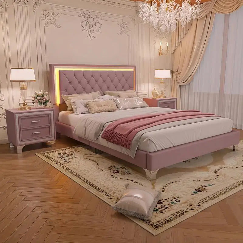 3-Piece Bedroom Set, Queen Size Upholstered Bed with LED Lighting & 2 Nightstands, Pink Upholstered Platform Bed