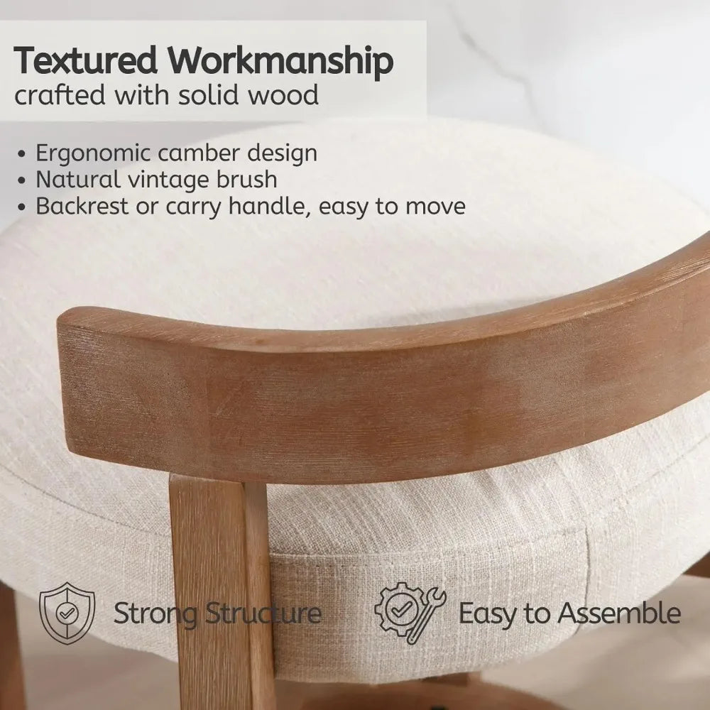 Mid Century Linen Bar Stools Set of 4, Upholstered, 26.5" Seat Height, Round Low Back Stools with Footrest
