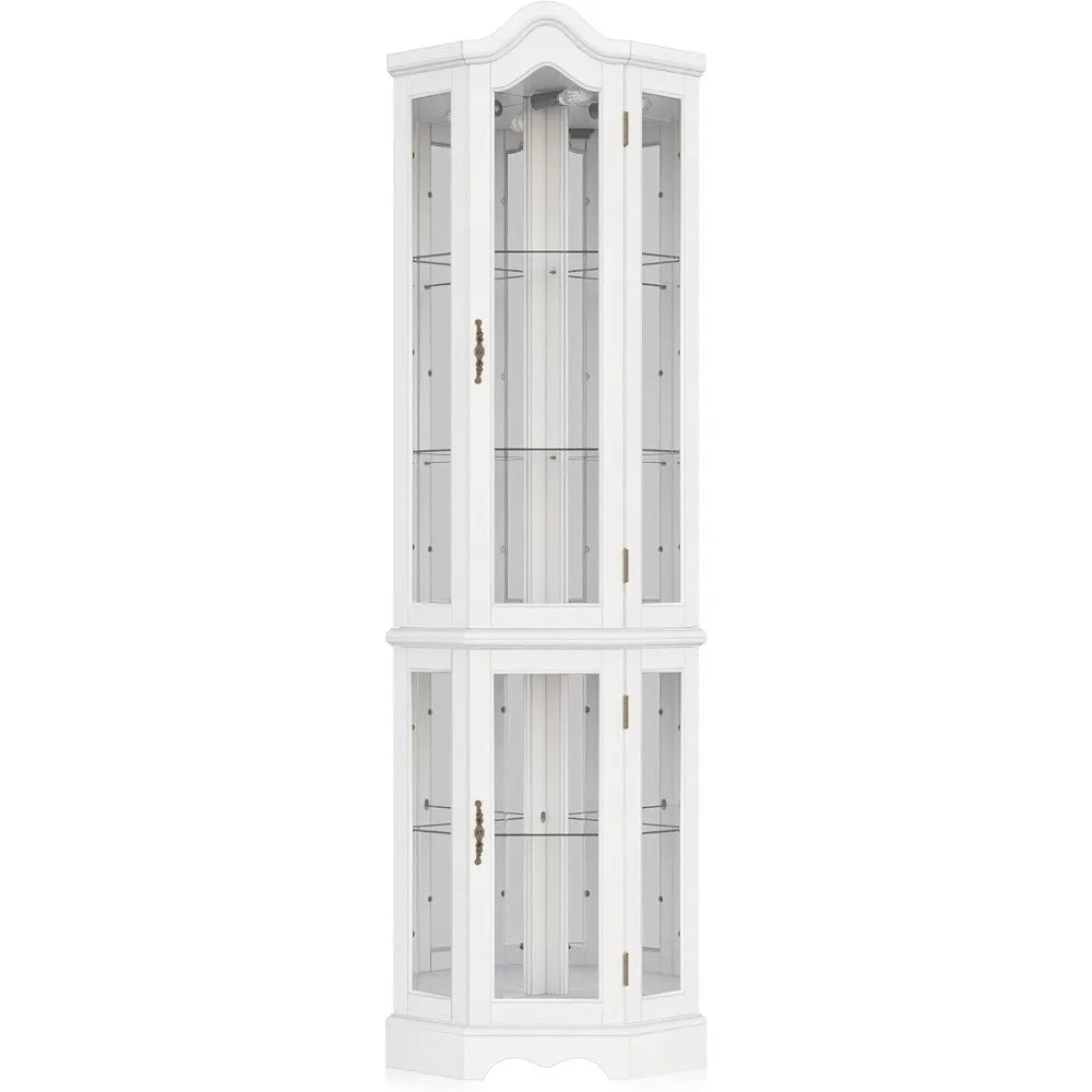 Lighted 3-Side Glass Display Curio Cabinet w/ Tempered Glass Doors and Shelves, Curved Wood Corner Cabinet
