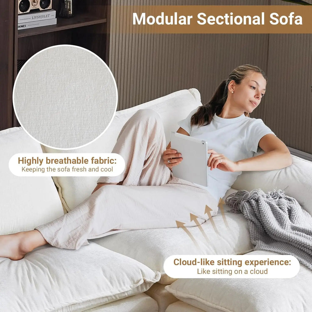 87" Convertible Sectional Sofa, L-Shaped Deep Seat Sofa Couch for Living Room, for Small Space (Creamy White)