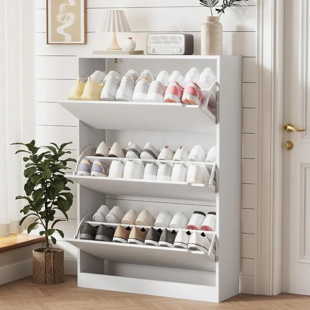 Shoe Storage Cabinet for Entryway with 3 Flip Drawers, Sturdy Wood Hidden Shoe Storage, Freestanding Narrow Slim Shoe Organizer