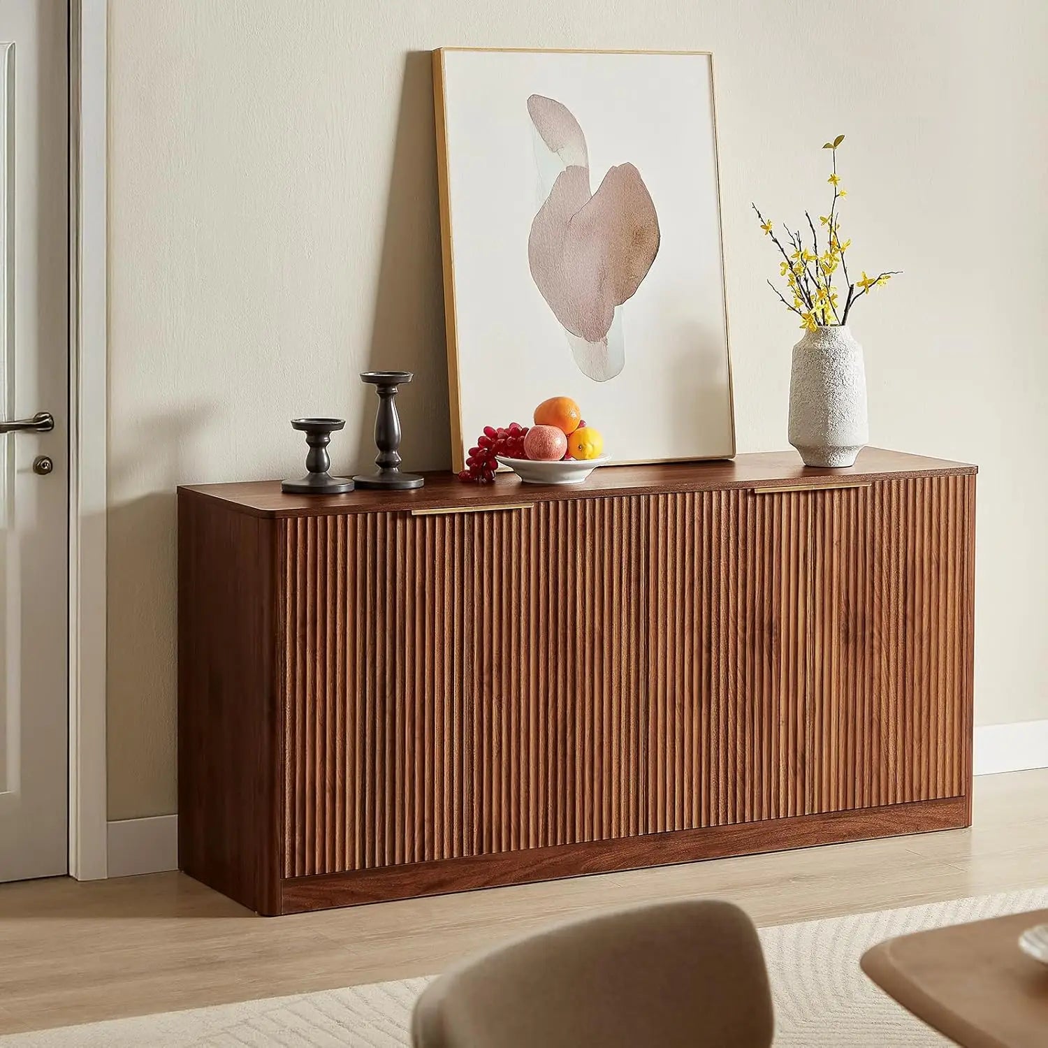 59" Fluted Walnut Sideboard Buffet Cabinet , Large Buffet Cabinet , Wood Mid Century Modern Sideboard